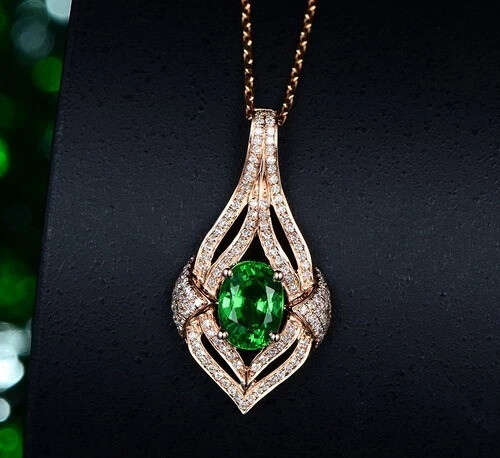 14K Rose Gold Finish Simulated Oval Cut Emerald /Diamond Charm Pendant 18″ Chain