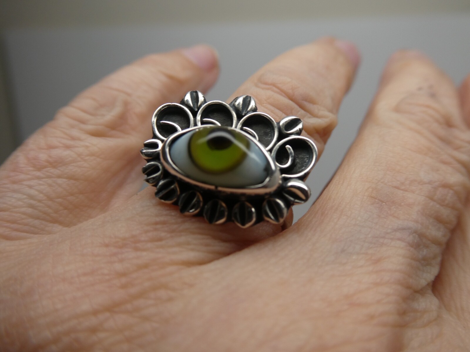 Green Evil EYE Sterling Silver 925 Taxco Mexico RING Adjustable Size 7 to 9