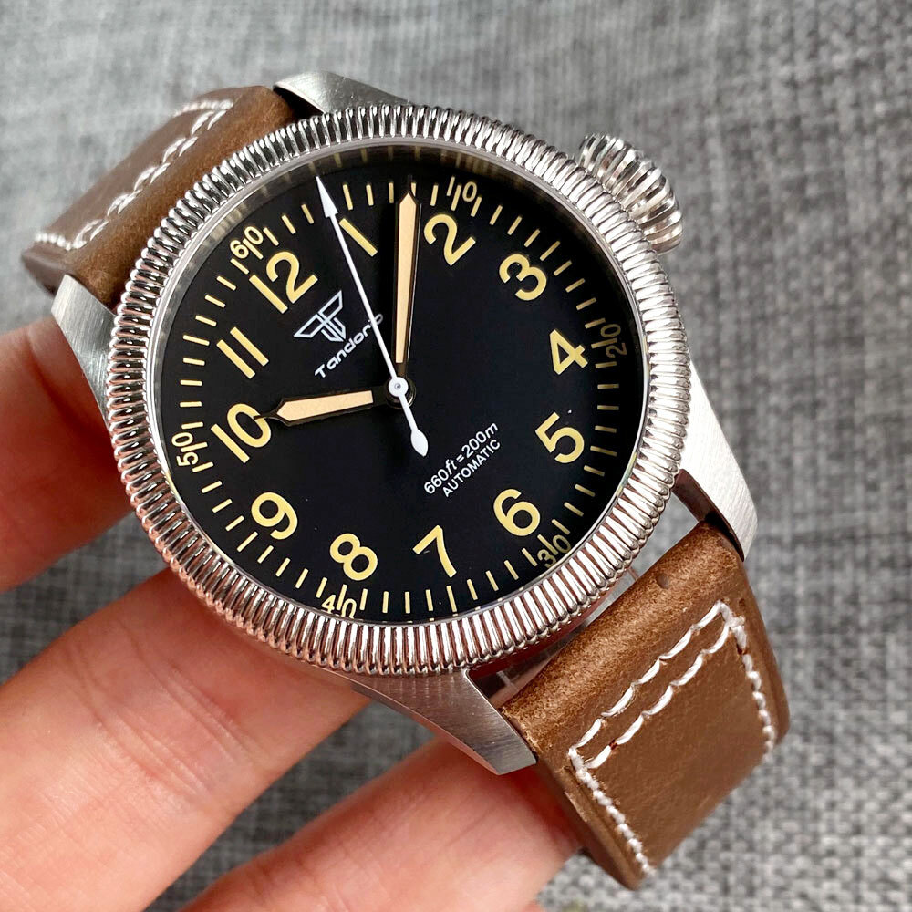 Tandorio 39mm Coin Bezel Pilot Black/Beige 20ATM Diver NH35 Automatic Men Watch