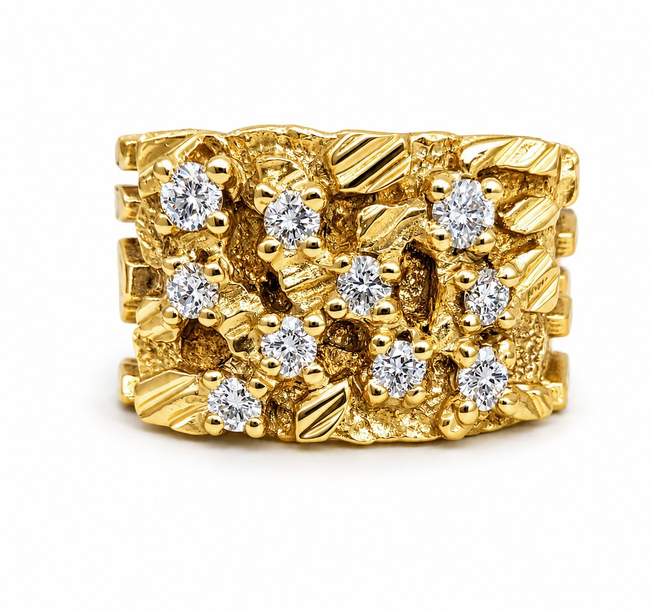 Real 14K Yellow Gold .70 Carat Wide Face Diamond Mens Nugget Ring Natural or Lab
