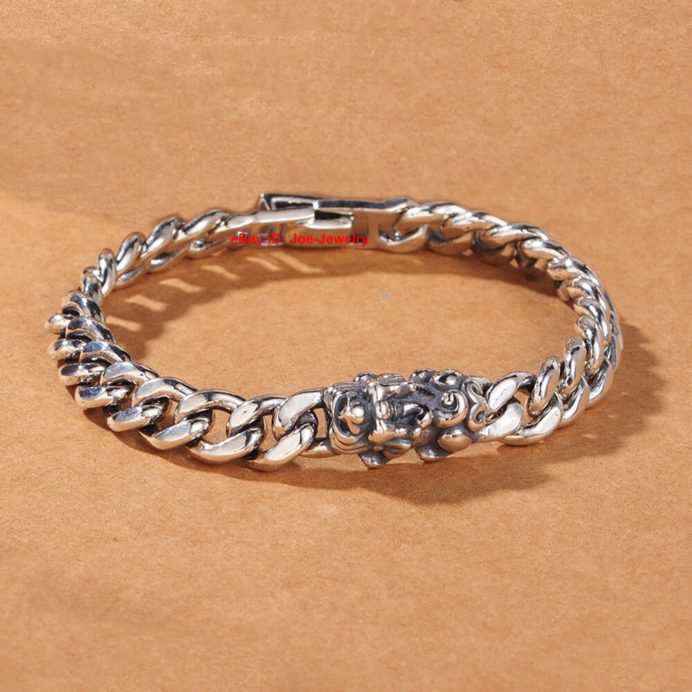 Real 925 Sterling Silver 8mm Curb Link Pixiu Men’s Bracelet 7.48inch 34-35g