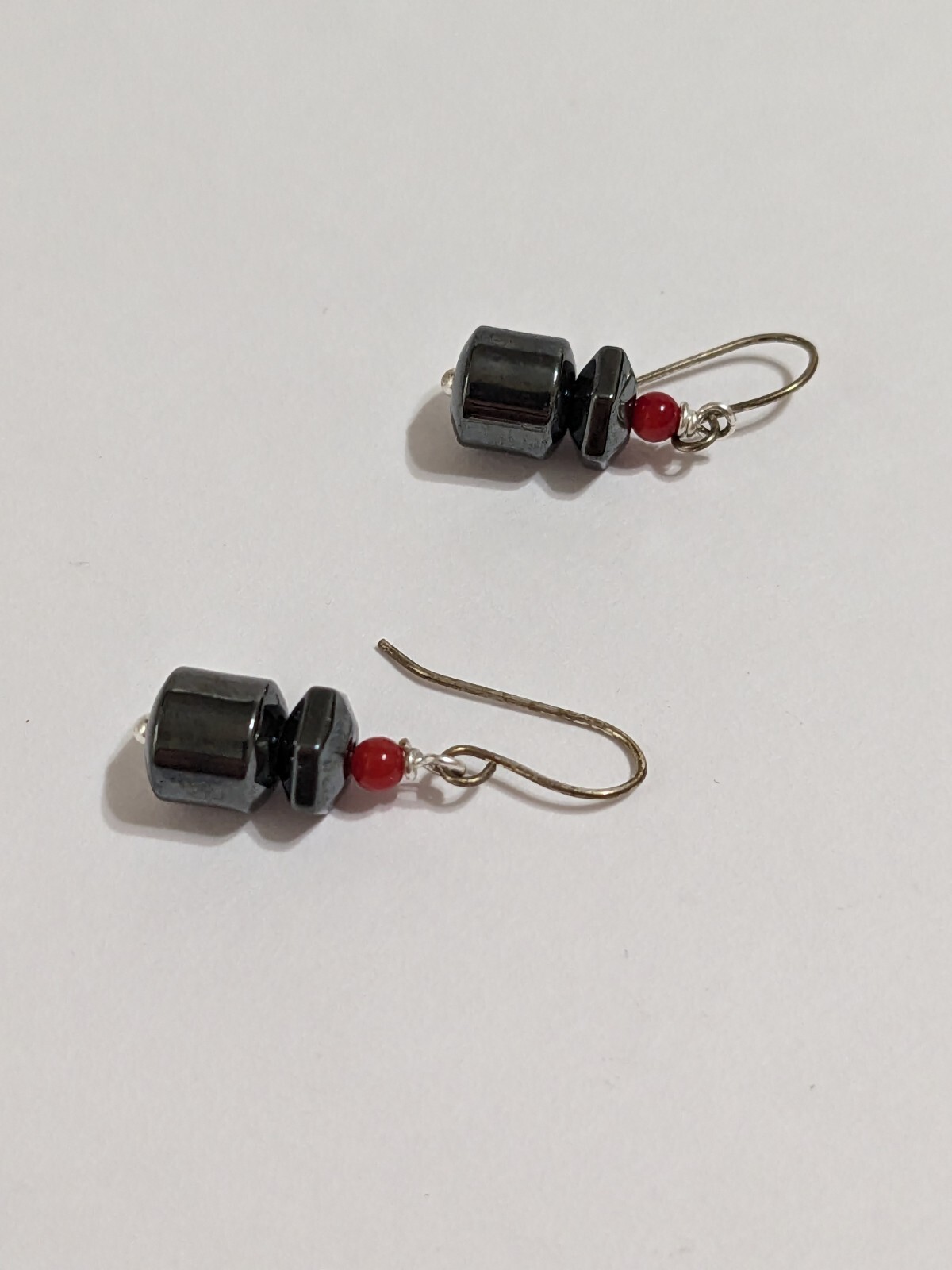 Silver Tone Hook Earrings With Black Hematite And Red Acrylic Beads. Modern. 1″