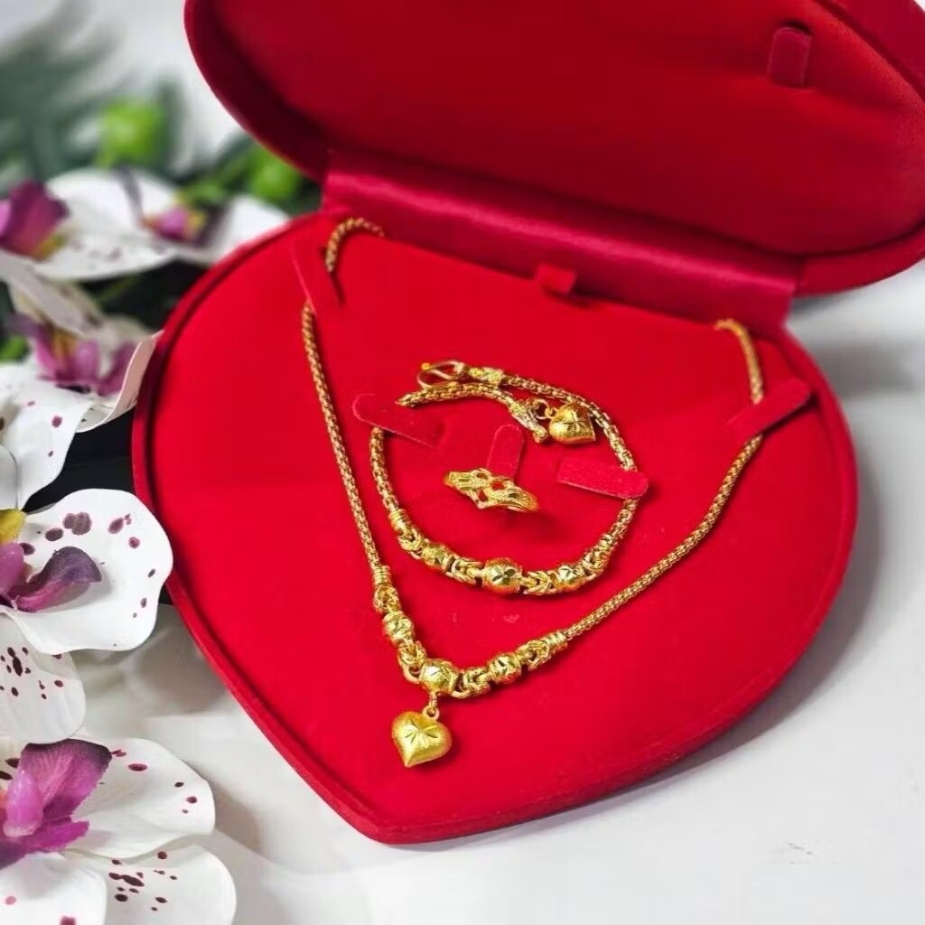 SET Heart 18K 20k 22K 24K YellowGold Necklace 20 inch&bracelet 7 in& ring size7
