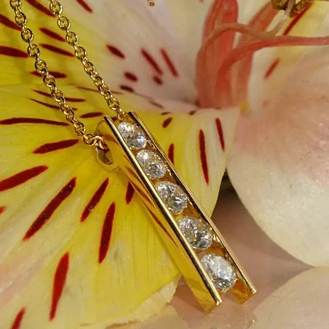 2Ct Round Cut Real Moissanite 5-Stone Journey Bar Pendant 14K Yellow Gold Plated