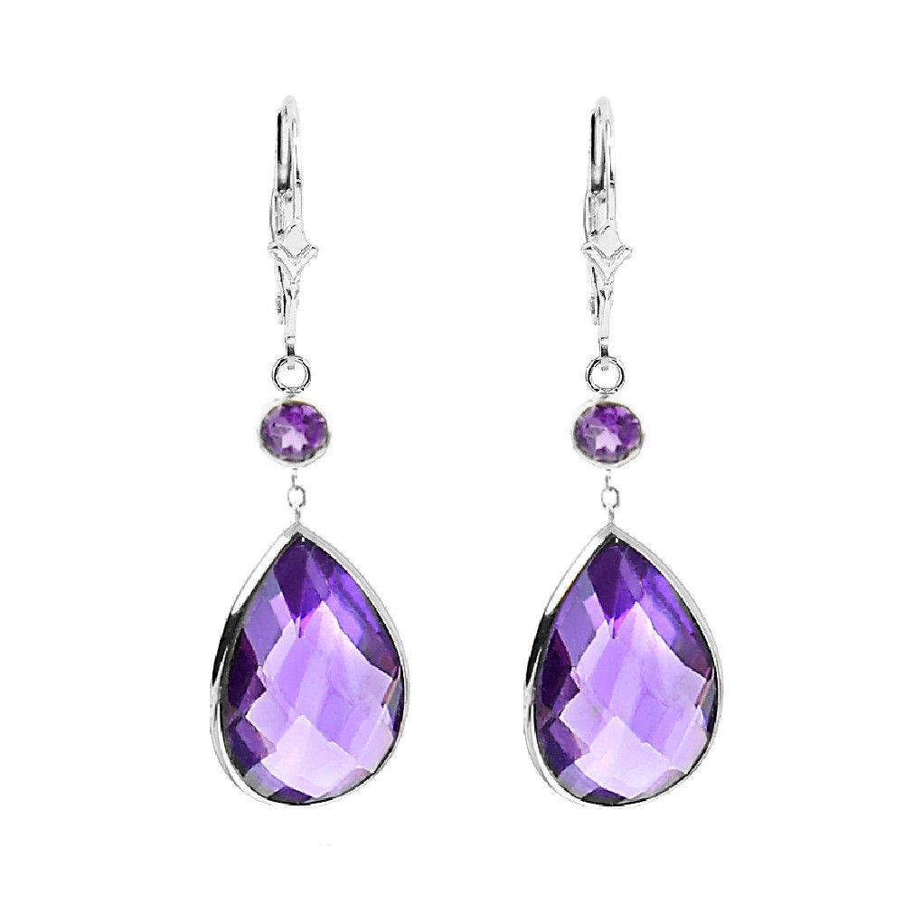 14K White Gold Gemstone Earrings with Pear Shape and Round Amethysts