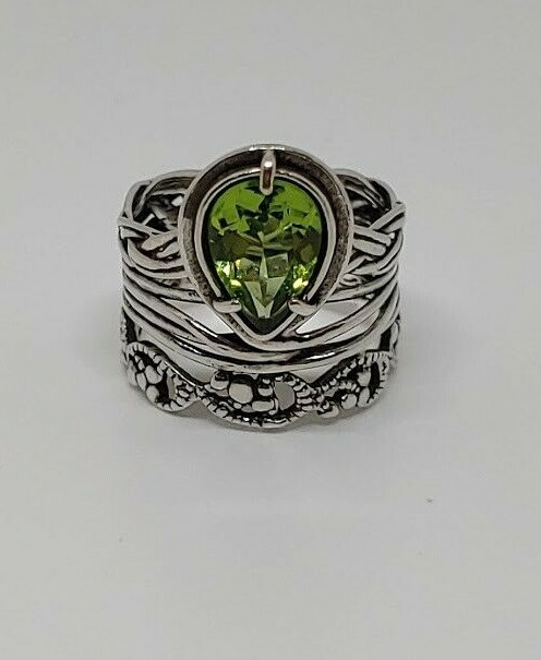 STERLING SILVER PZ ISRAEL SIGNED PEAR SHAPED PERIDOT WIDE RING SIZE 6.5