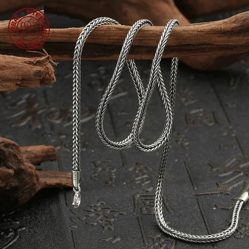 S925 Sterling Silver 3mm Foxtail Snake Bone Chain Necklace Men Vintage Style