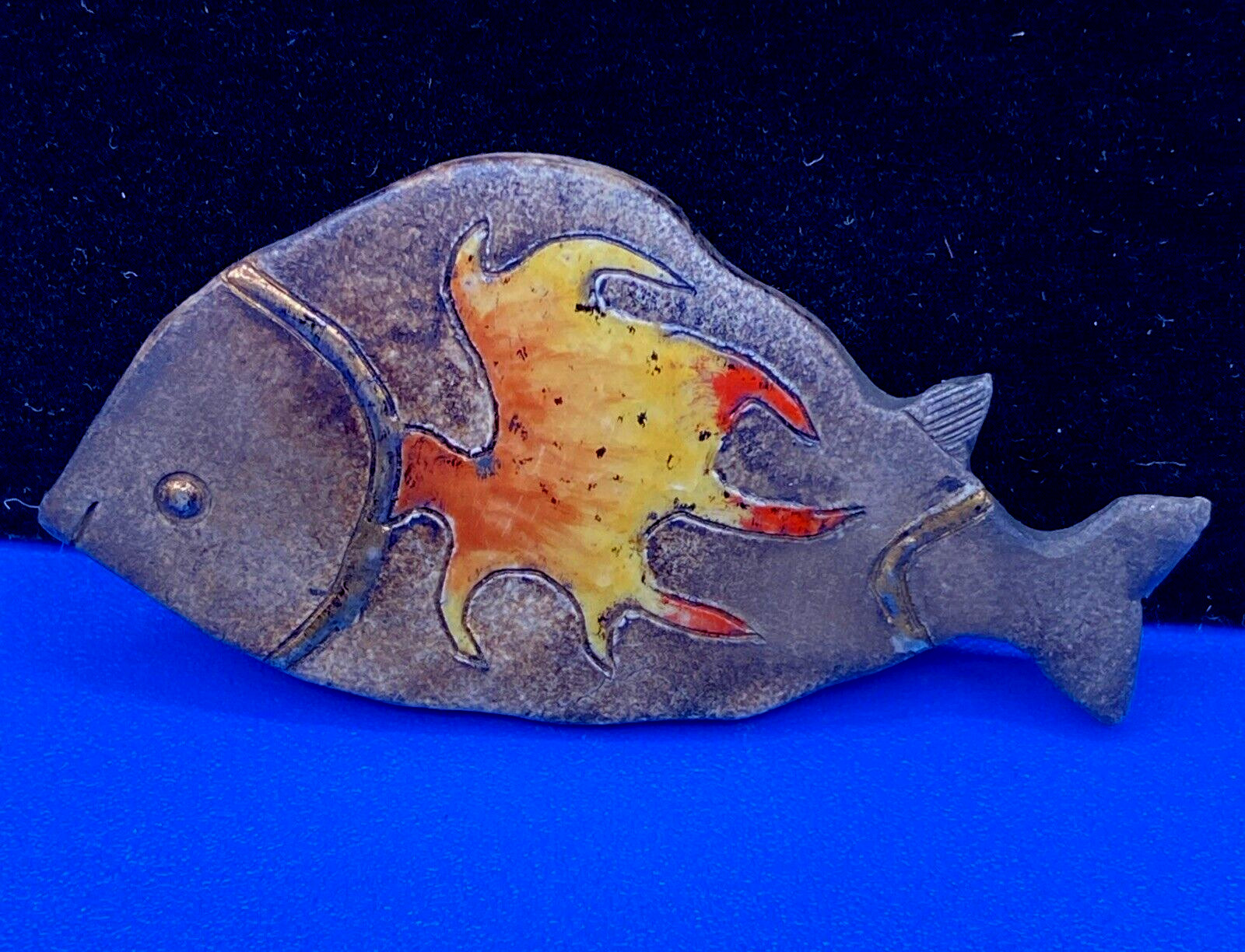 PIN Brooch FISH Artisan made ceramic pottery enamel MCM style brown orange red