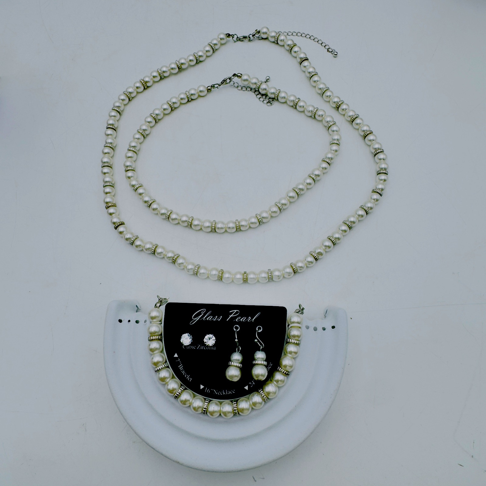 Kim Rogers Necklace Bracelet Earrings 5p Jewelry Set Cubic Zirconia Glass Pearls