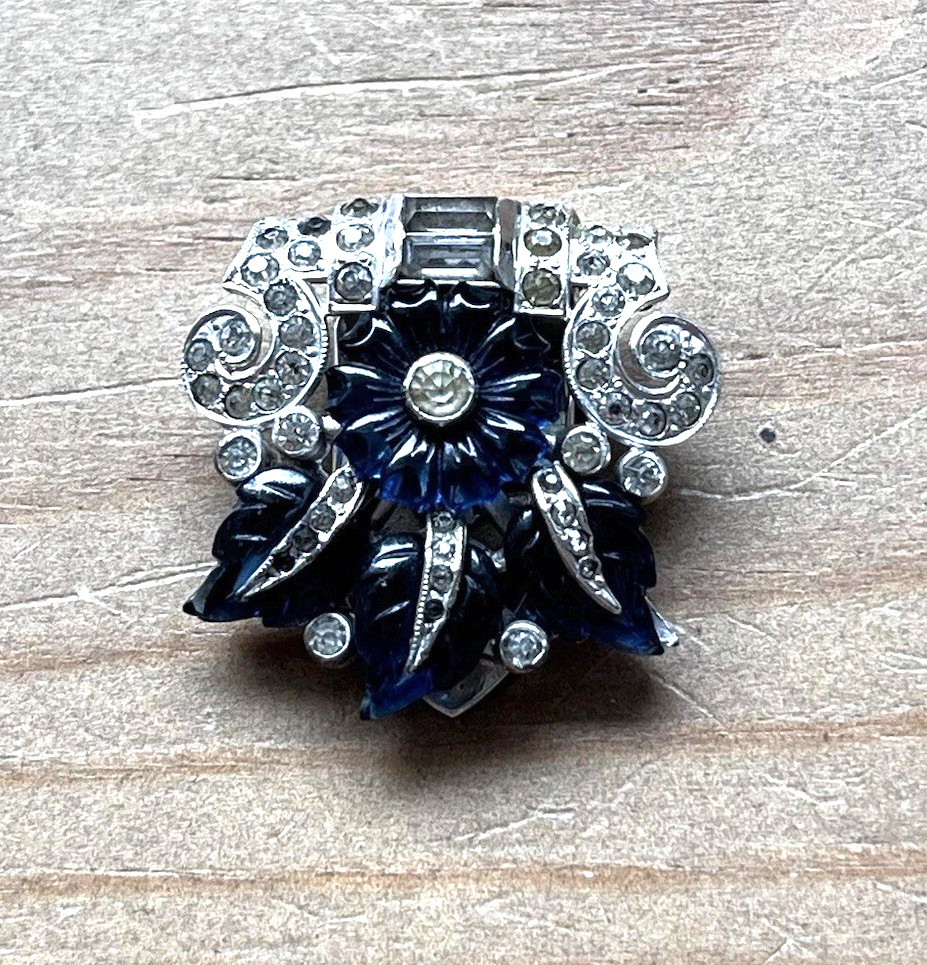 Antique Art Deco Blue Molded Fruit Salad Dress Fur Clip Brooch Coro 1/2 Duette