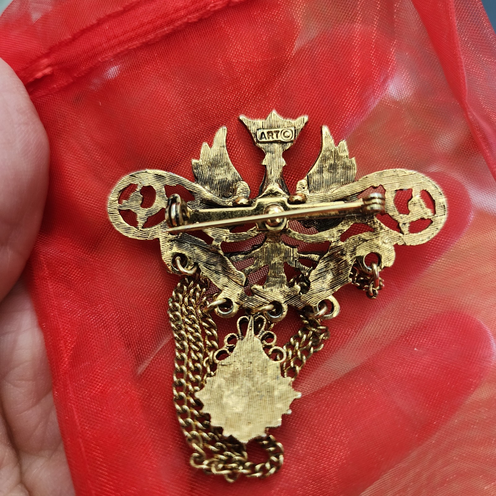 VTG Arthur Pepper ART Chatelaine Brooch Pin Chain Eagle Wings Crown Fleur Di Lis