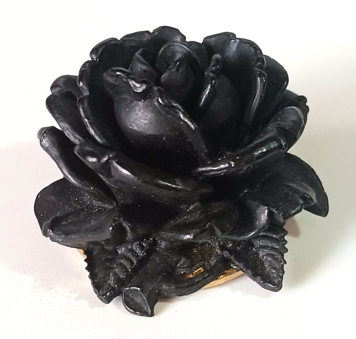 Vintage Carved Black Rose (Dense Wood?) Mourning Brooch w/ Ornate Gold-tone Back