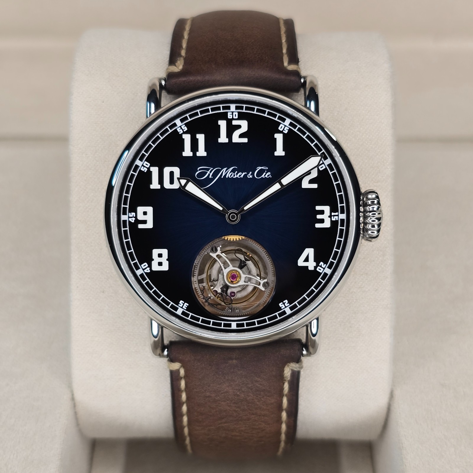 H. MOSER & CIE HERITAGE TOURBILLON 42MM 8804-1200 FUNKY BLUE FUME STEEL B&P