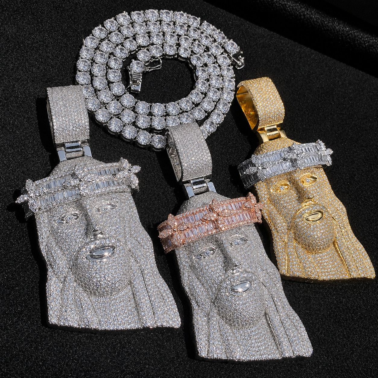 5AAA+ CZ Iced Out Hip Hop Bling Jesus Head Pendant Necklace 14k Gold Plated