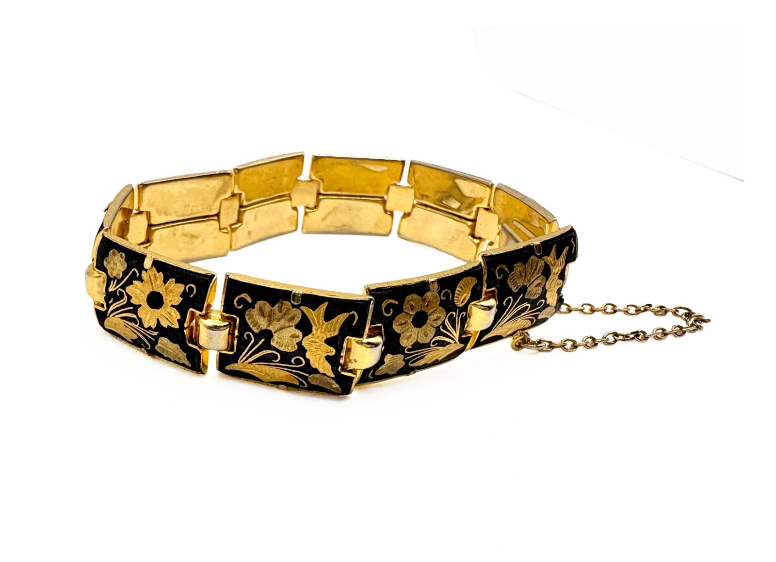 Vintage Damascene Link Bracelet Black Gold Floral Inlay Spain With Safety Chain