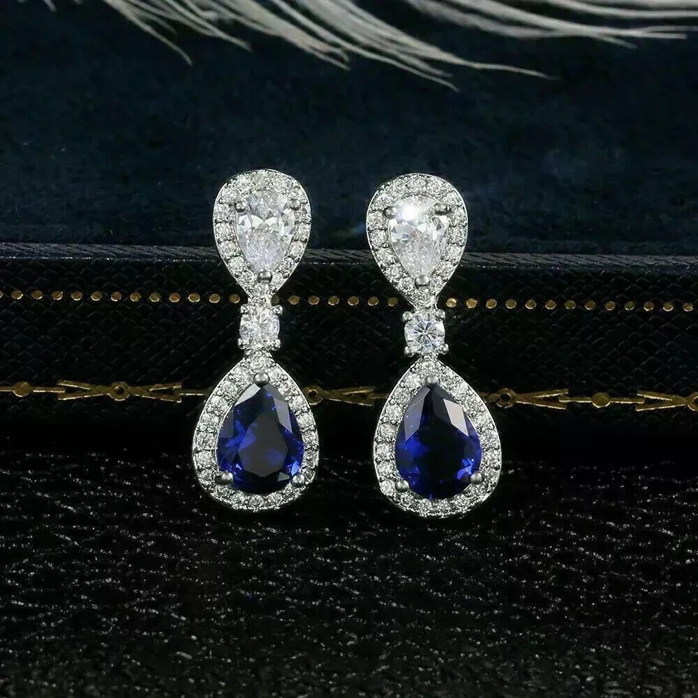 2.30Ct Pear Cut Simulated Sapphire Drop/Dangle Earring In 14K White Gold Plated