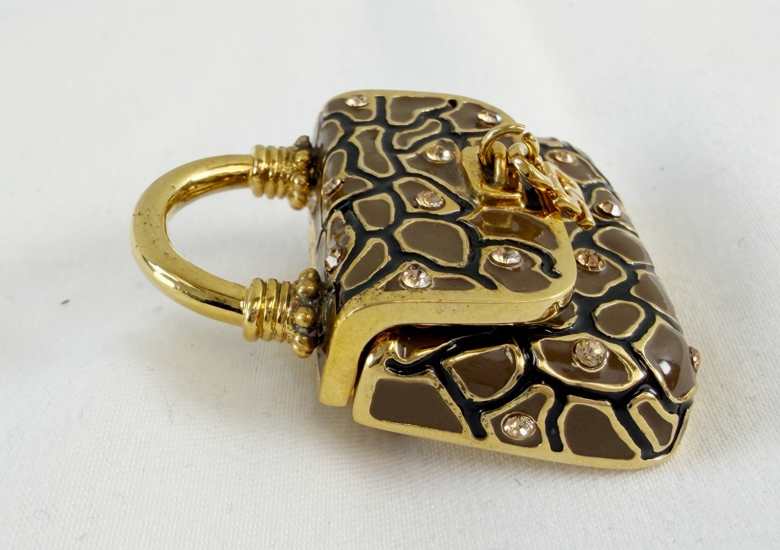 NEW ST. JOHN Handbag Brooch Brown Print Enamel Crystals 24KGP Logo Pin Enhancer