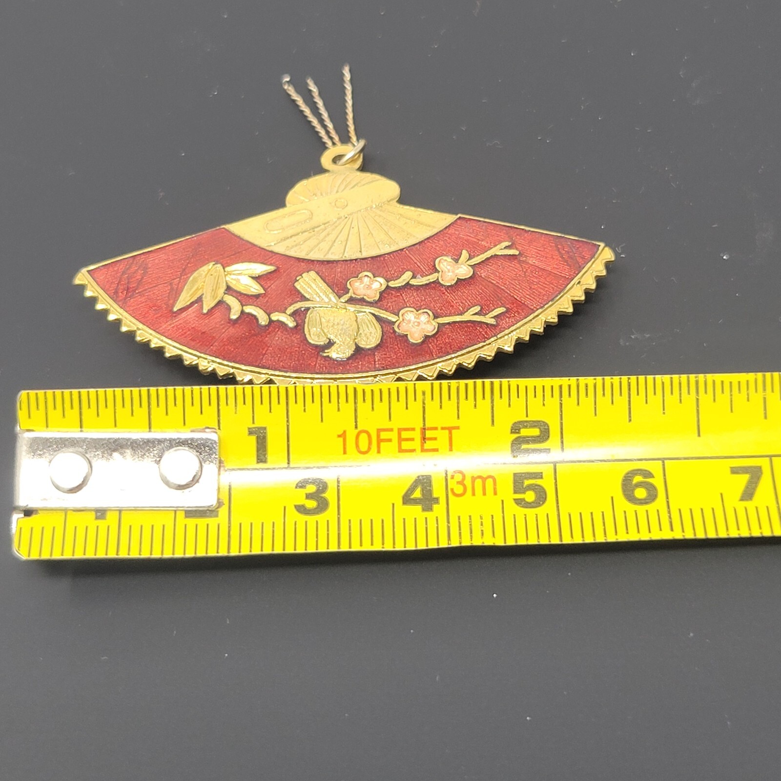 Vintage Oriental Fan Pin Brooch Retro 1935-1950 Gold Red Pink