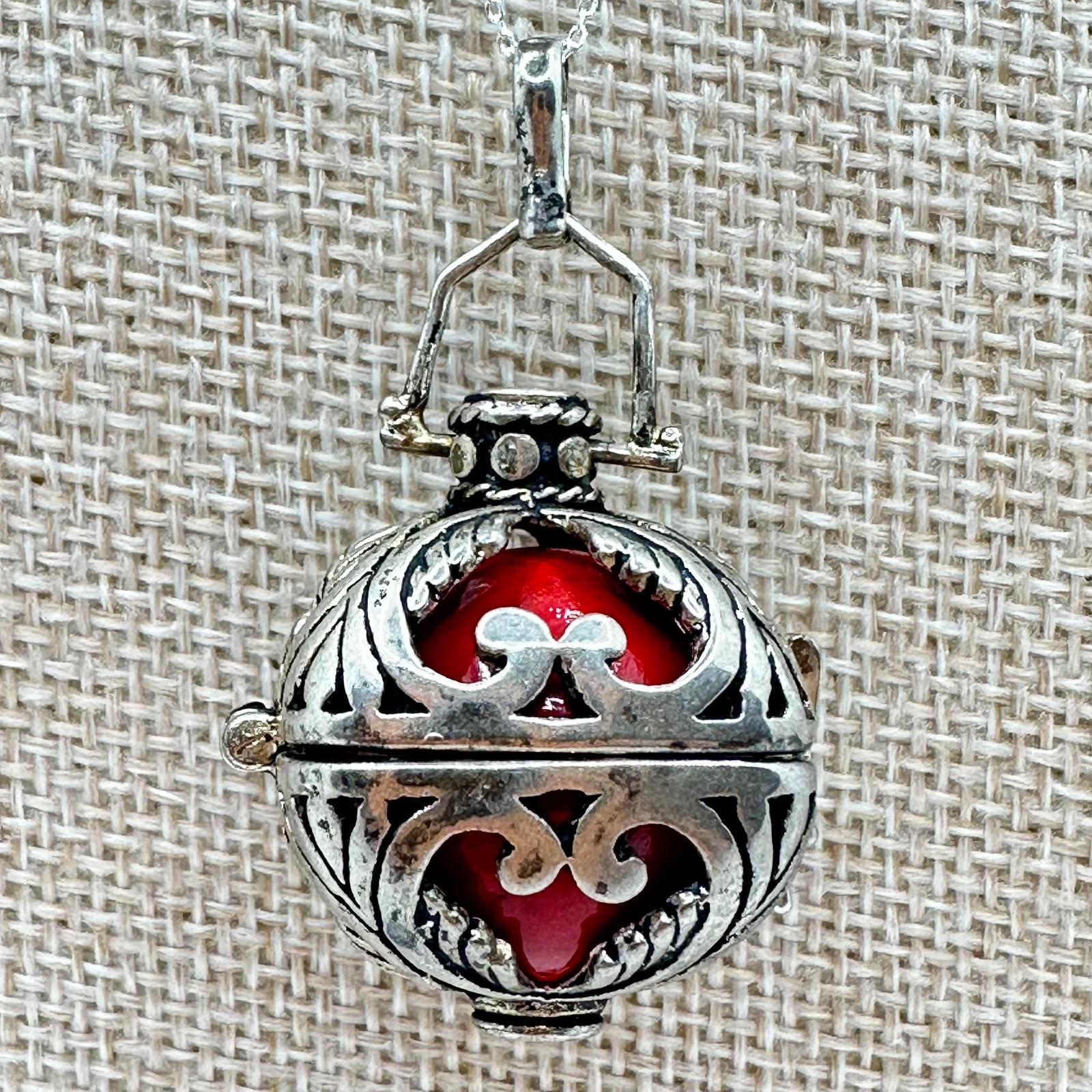 925 Sterling Silver Red Harmony Ball Pendant Cage Locket Chime Vintage