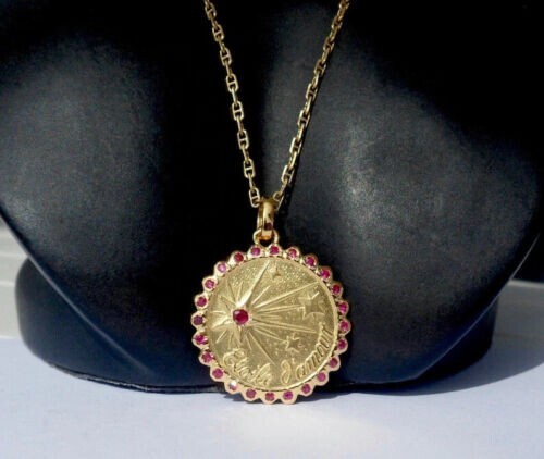 Vintage 1.50Ct Round Lab Created Ruby Love AUGIS Pendant 14K Yellow Gold Finish