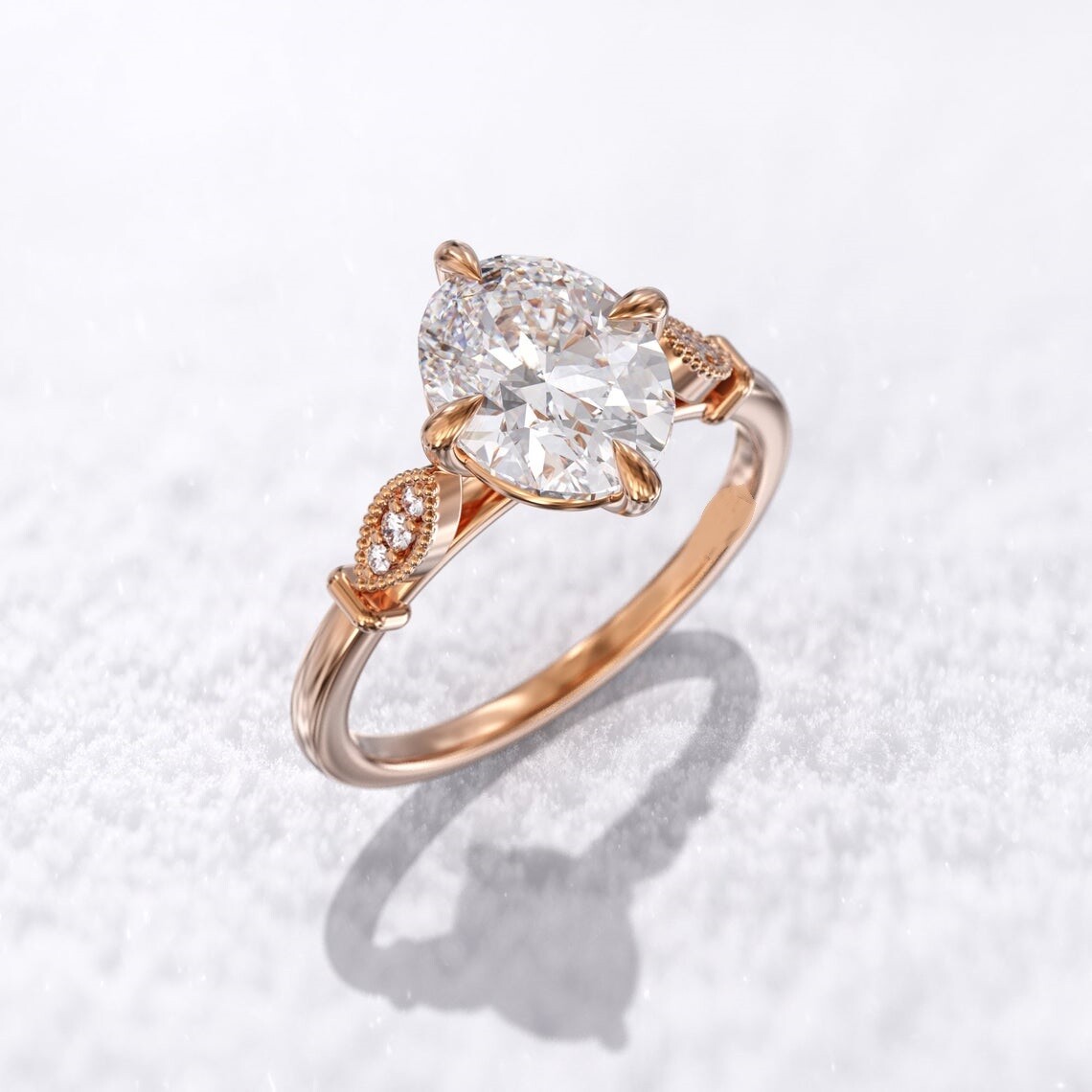 Lab Created 2.50Ct Crushed ice oval diamond Art deco Rose Silver Engagement Ring