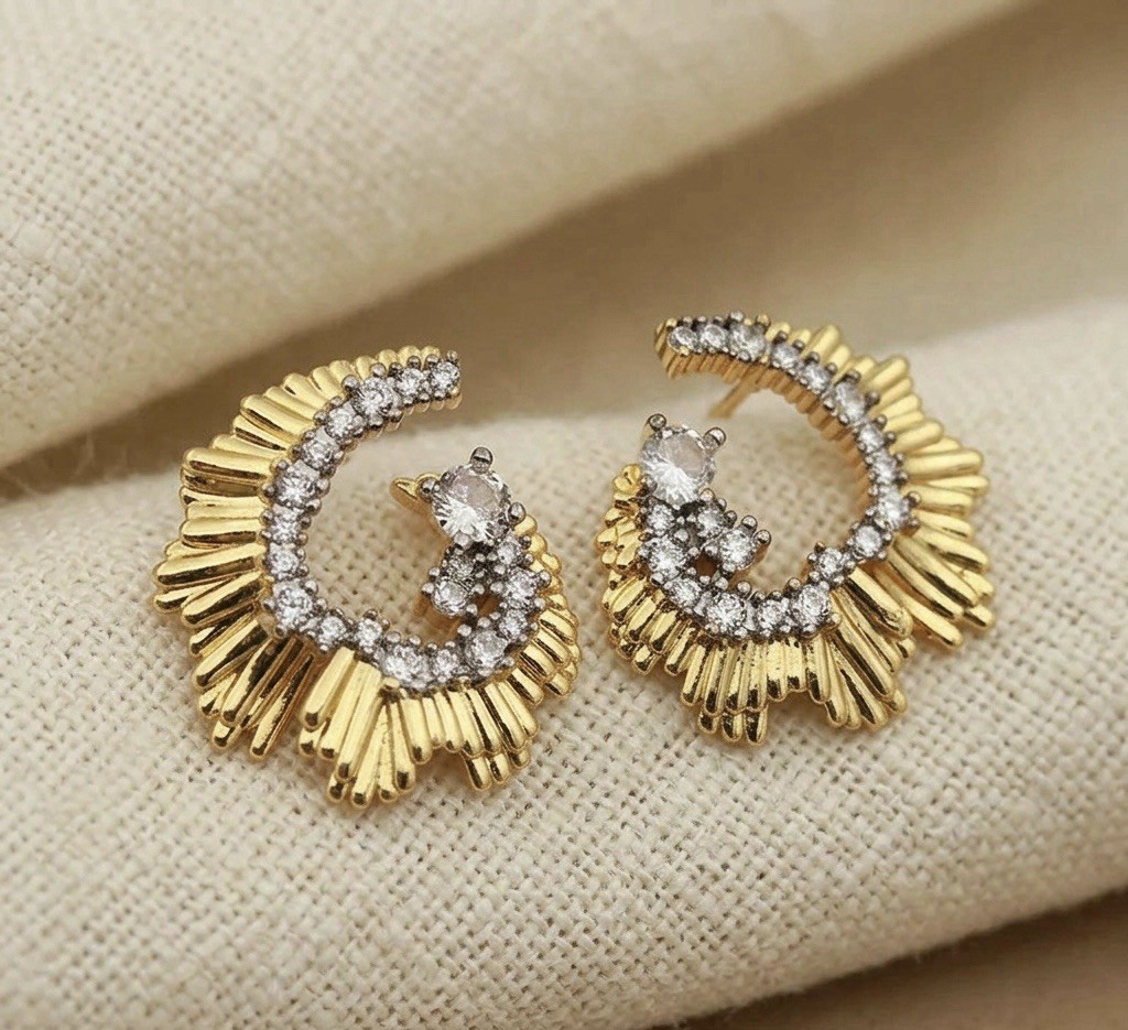 Art Deco Hoop Earrings Gold Molten Sunburst Fan Ribbed Textured Pave Abstract