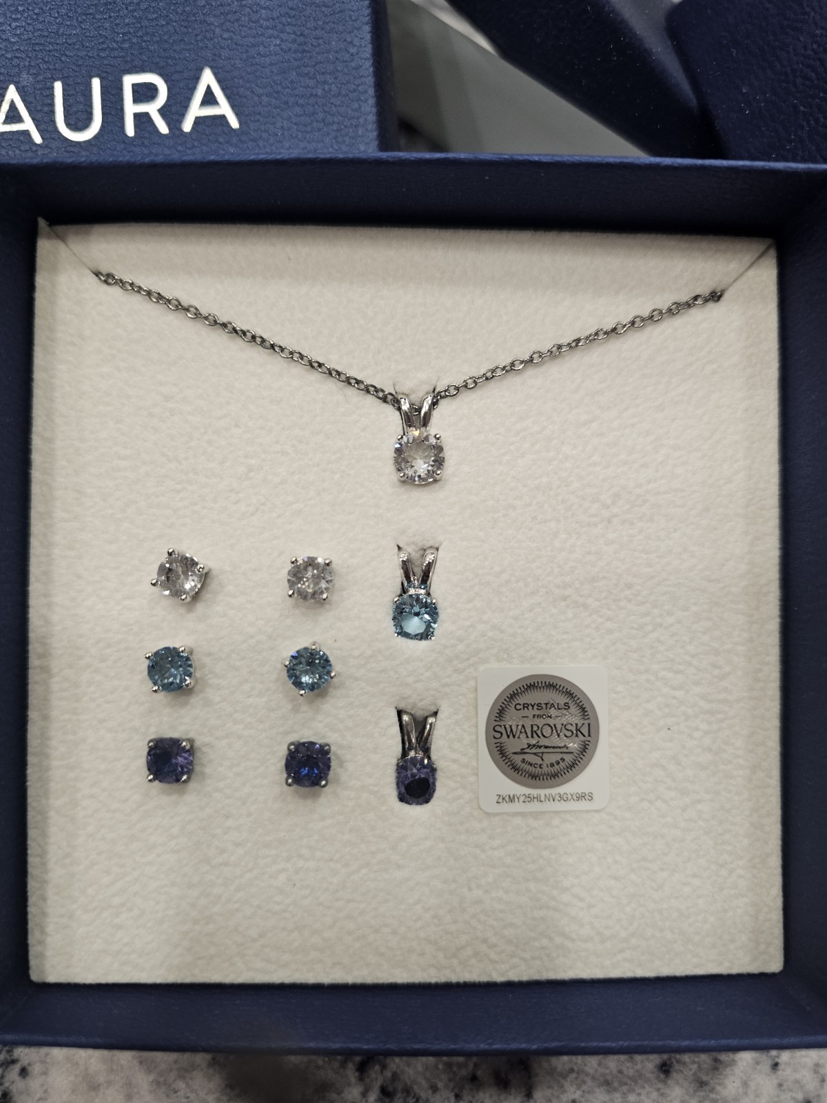 AURA Crystal Jewelry Set Silver Tone Necklace Pendant & Earrings, Round Clear
