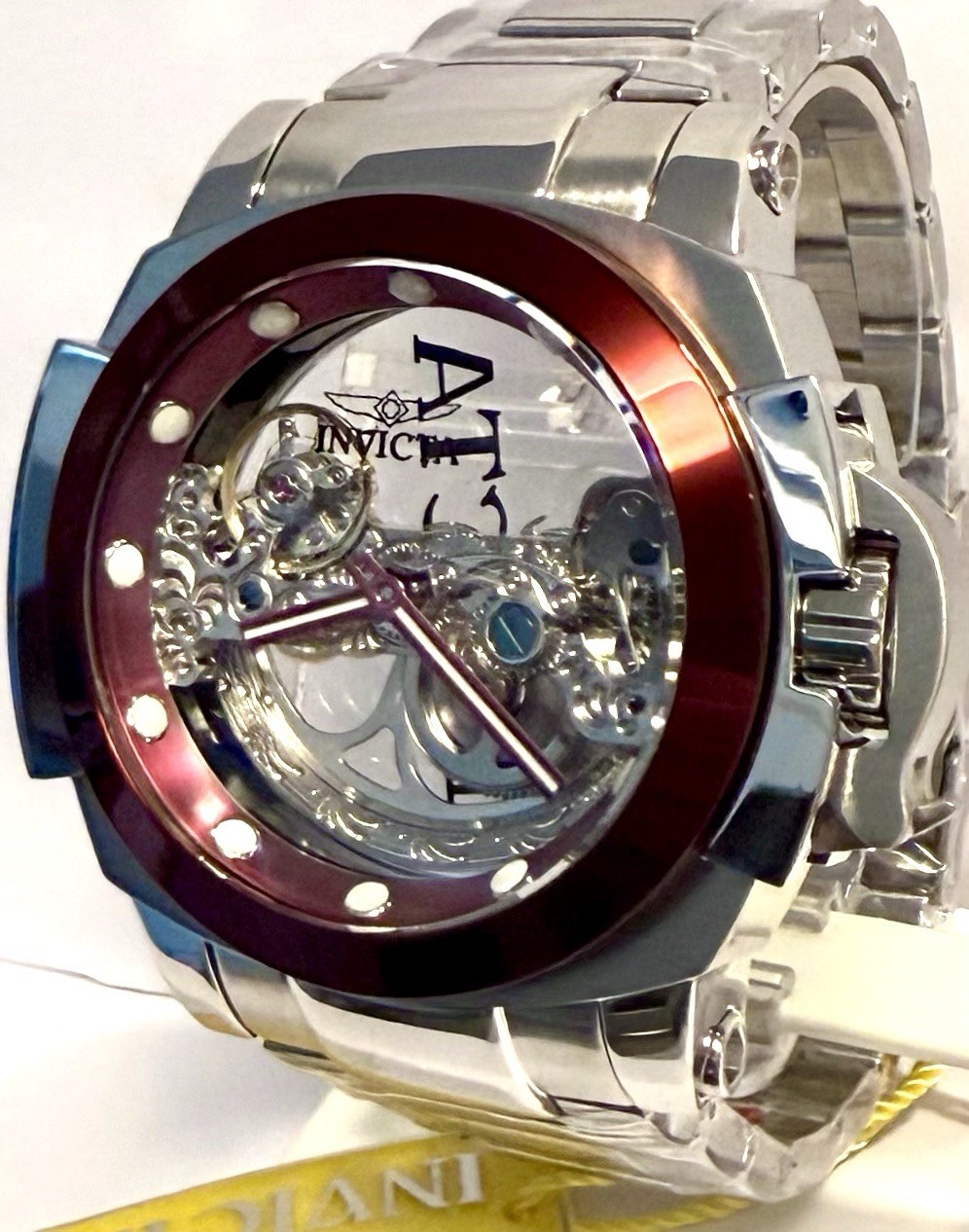 48mm GHOST | Red Bezel | Silvertone Bracelet | MAN of WAR Invicta Mens Watch