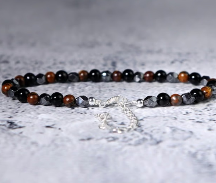Tiger Eye Obsidian Hematite Bracelet – Triple Protection, Dainty Minimalist Bead