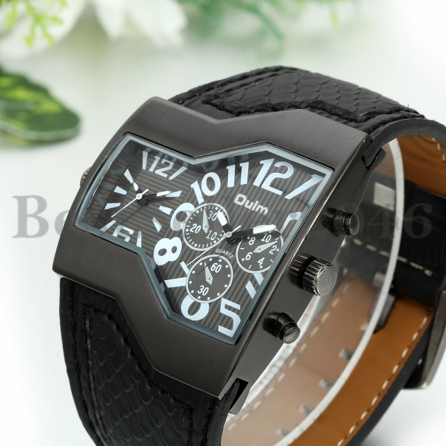 Military Dual Time Zone Irregular Dial Leather Band Men Sport Quartz Wrist Watch