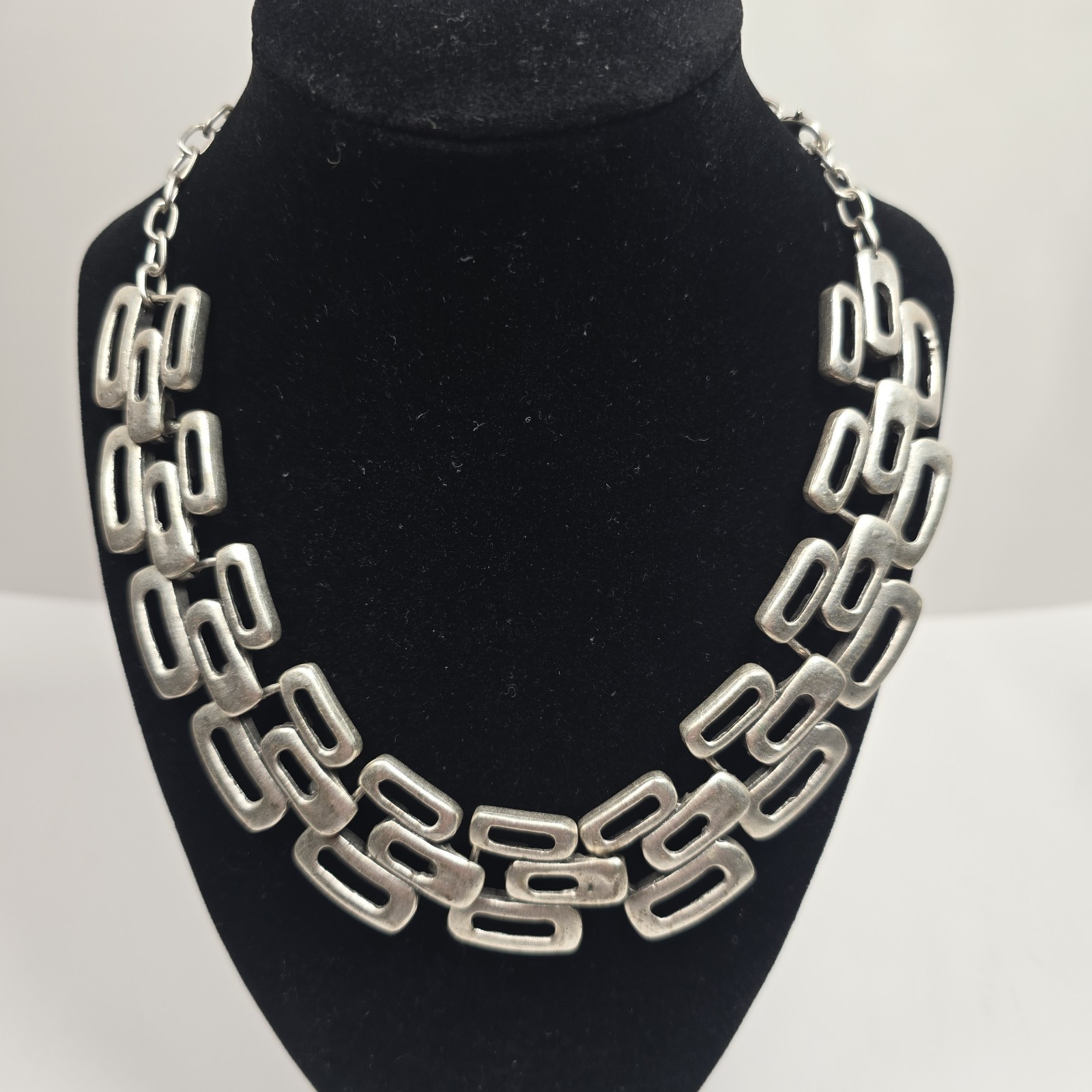 Geometric Statement Silver Tone Necklace Brutalist Mid Century Modern Style