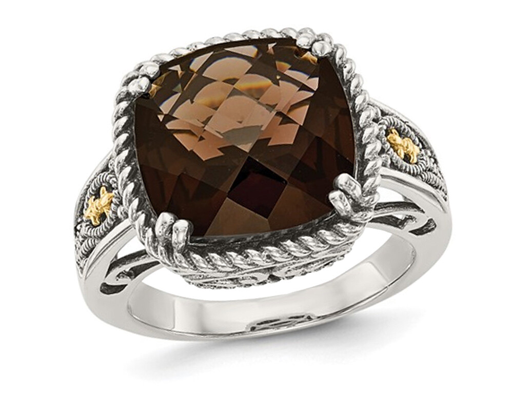 5.85 Carat (ctw) Cushion-Cut Smoky Quartz Ring Antiqued Sterling Silver