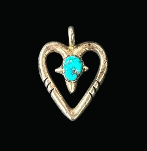Vintage Signed Lowell Draper Navajo Sterling Silver Turquoise Heart Pendant