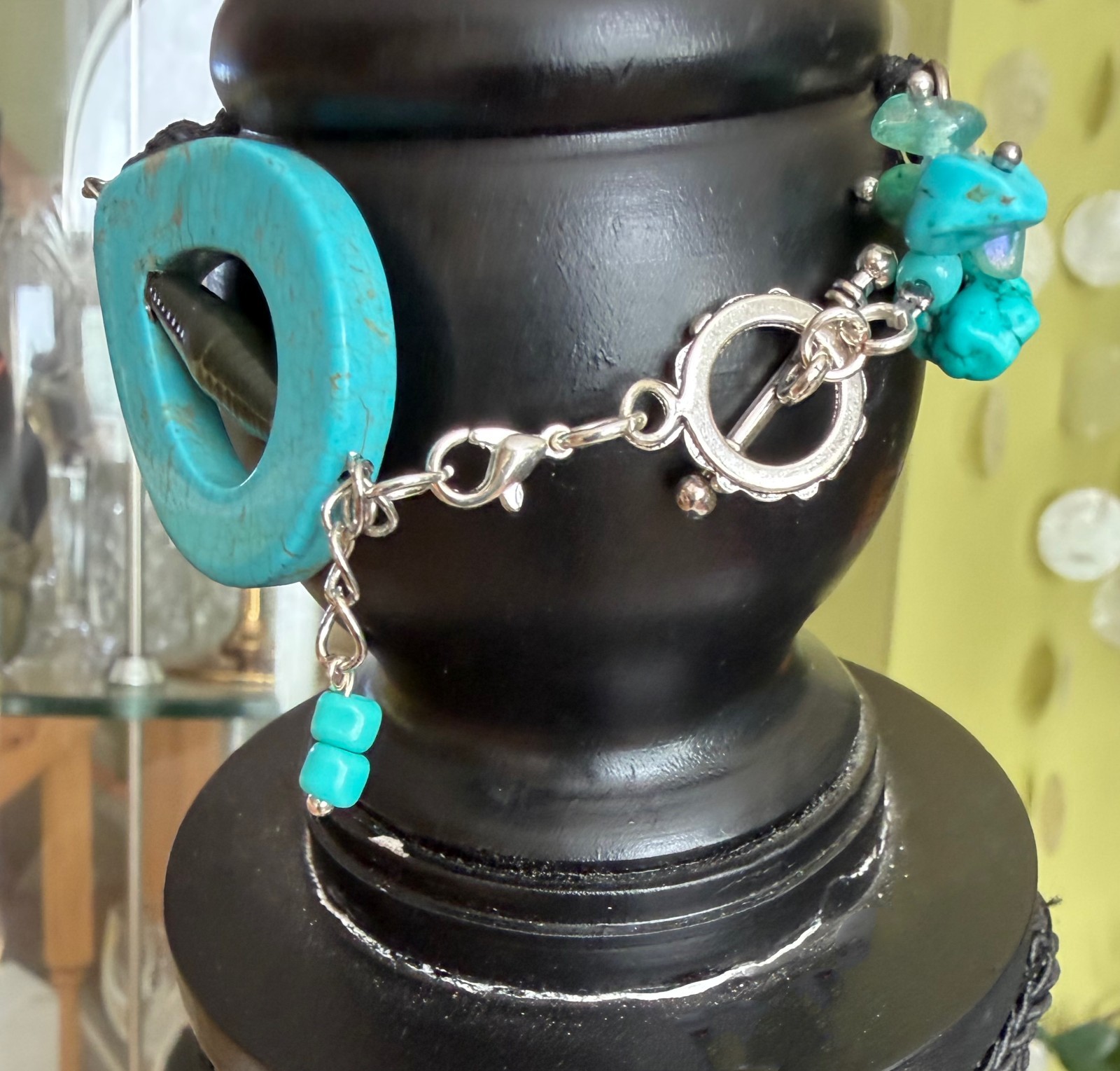Fine blue turquoise cuff Bracelet jewelry for women Handmade macrame boho stile