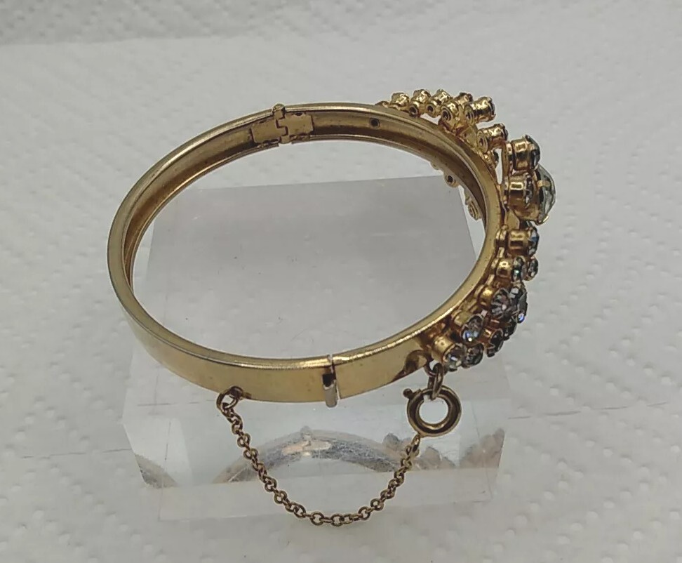 Vintage Gold Tone Rhinestone Hinged Bracelet With Safety Chain