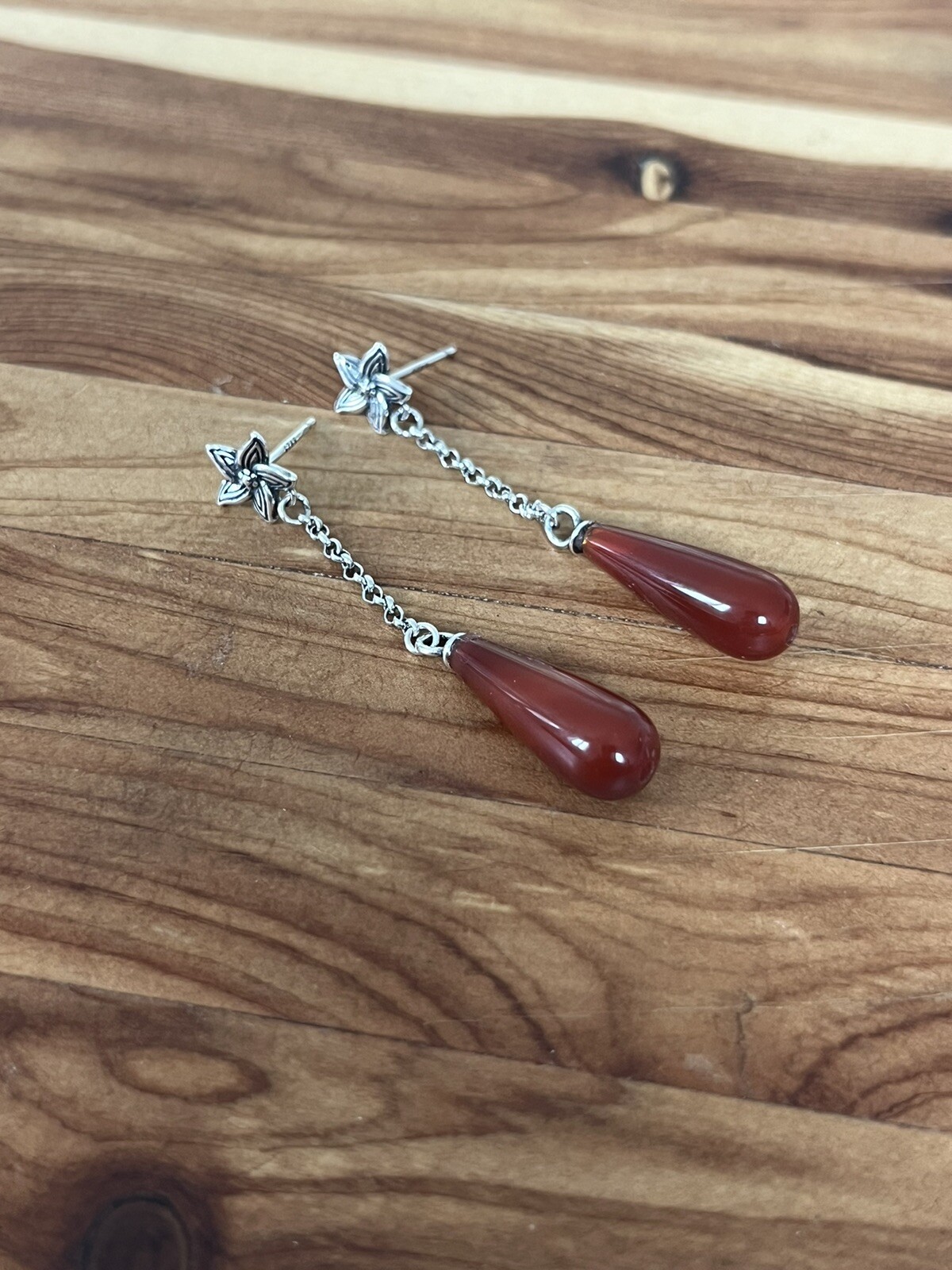 925 Sterling Silver Vintage Flower Carnelian Agate boho drop dangle Earrings