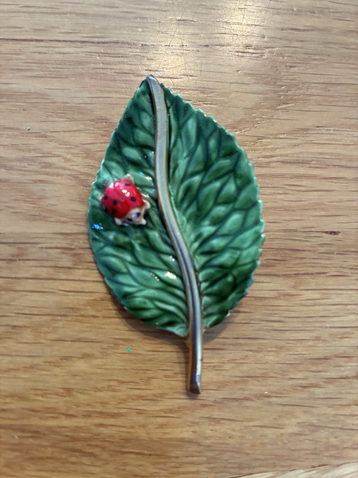 Vintage Original by Robert Brooch Pin Signed Rare Green Leaf Red Lady Bug 2.5 In