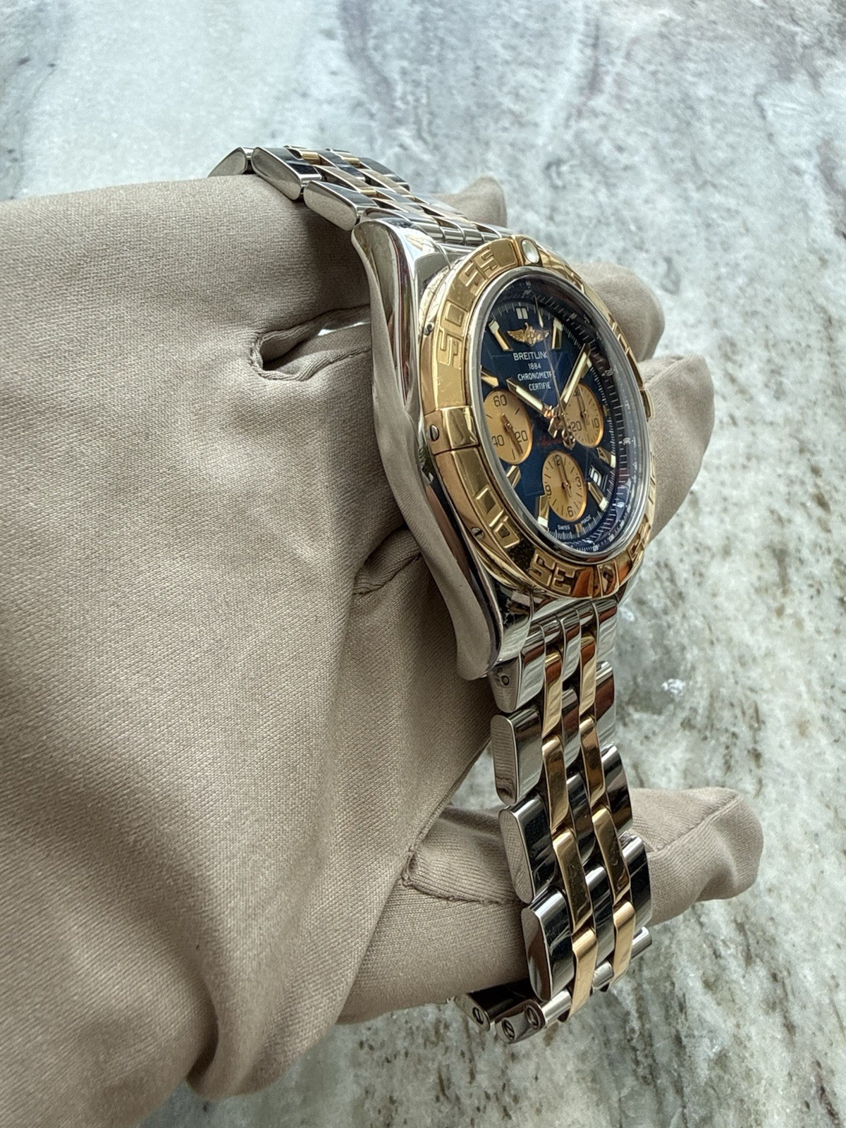 Breitling Chronomat 44 Blue Dial Chronograph CB0110 18K/Stainless Steel Watch