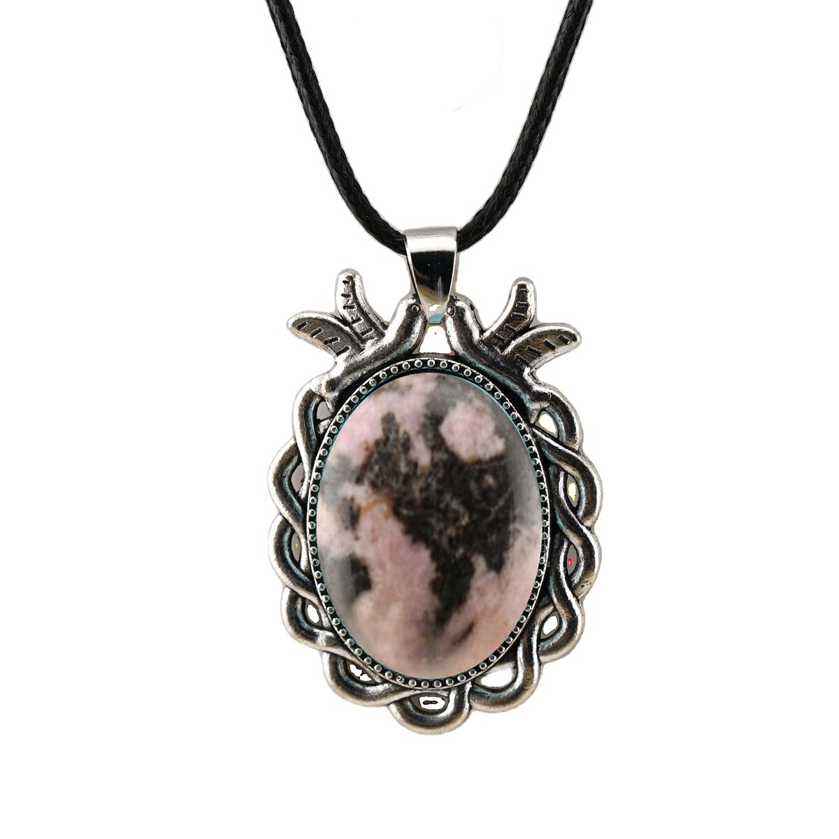Natural Gemstone Oval Pendant with Lace and Bird Feather Wrapped Necklace
