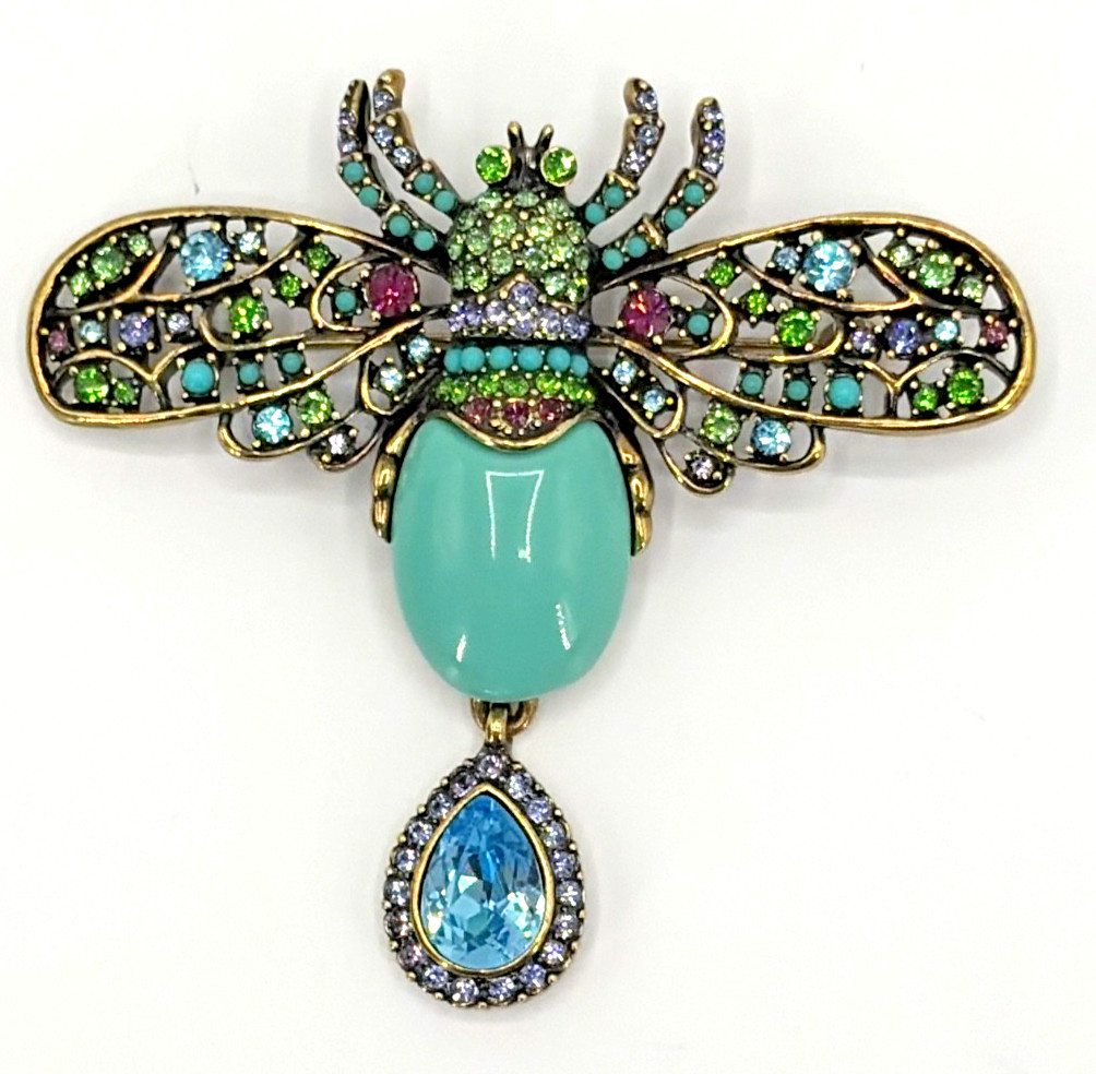 HEIDI DAUS Jeweled Embellished Faux Turquoise Cabochon & Crystal Brooch