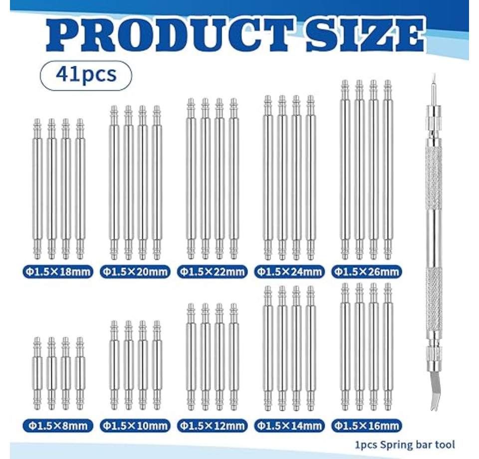 41PCS Watch Band Pins Spring Bar Kit 8-26mm Stainless Steel Repair Tool Set