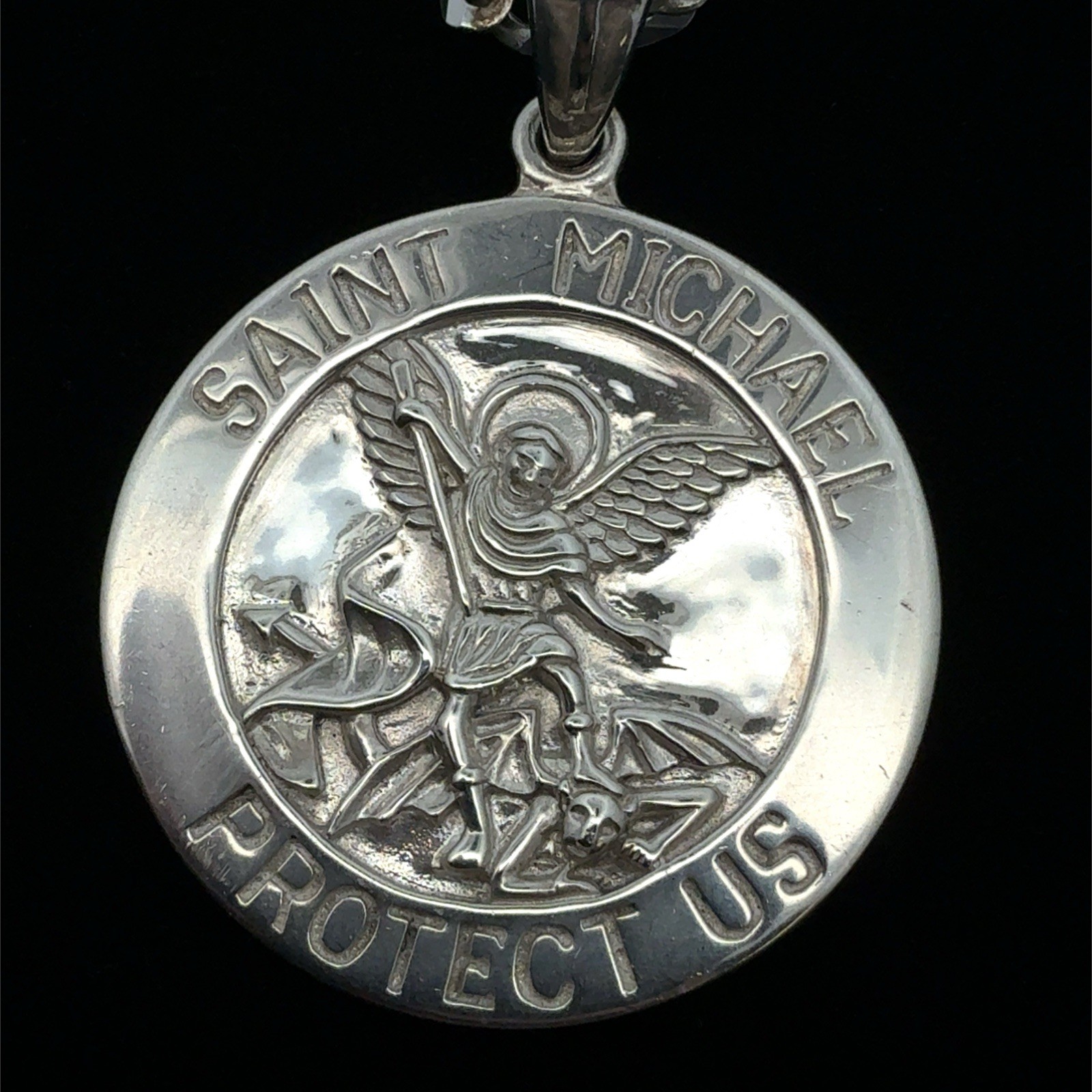 Peter Stone Saint Michael Sterling Silver Pendant On 20” Figaro Necklace, 21.5g