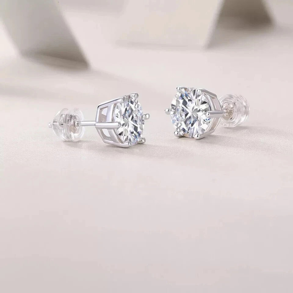 Round Cut Natural Diamond Women’s 6 Prong Set Stud Earrings 14k White Gold