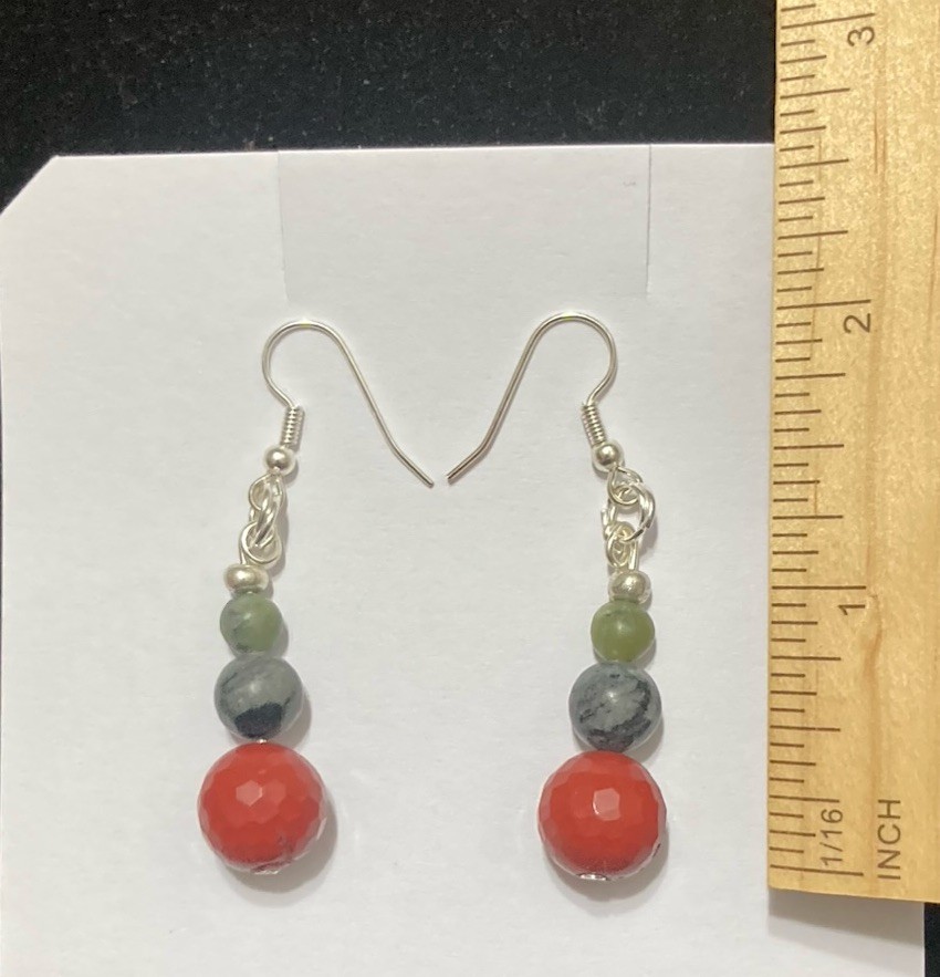 Green Red Black Jade Jasper Silver Handmade Hook Drop Gemstone Beaded Earrings