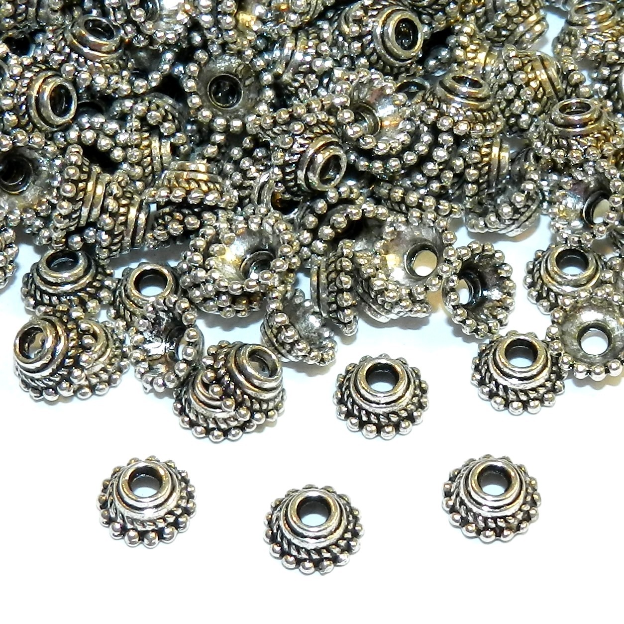 ML7279 Antiqued Silver 7mm Dotted Round with Twisted Rope Metal Bead Caps 100pc