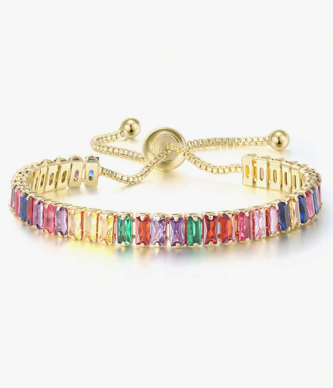 Rainbow Crystal Tennis Bracelet Gold Tone Adjustable 20cm Matches Any Outfit