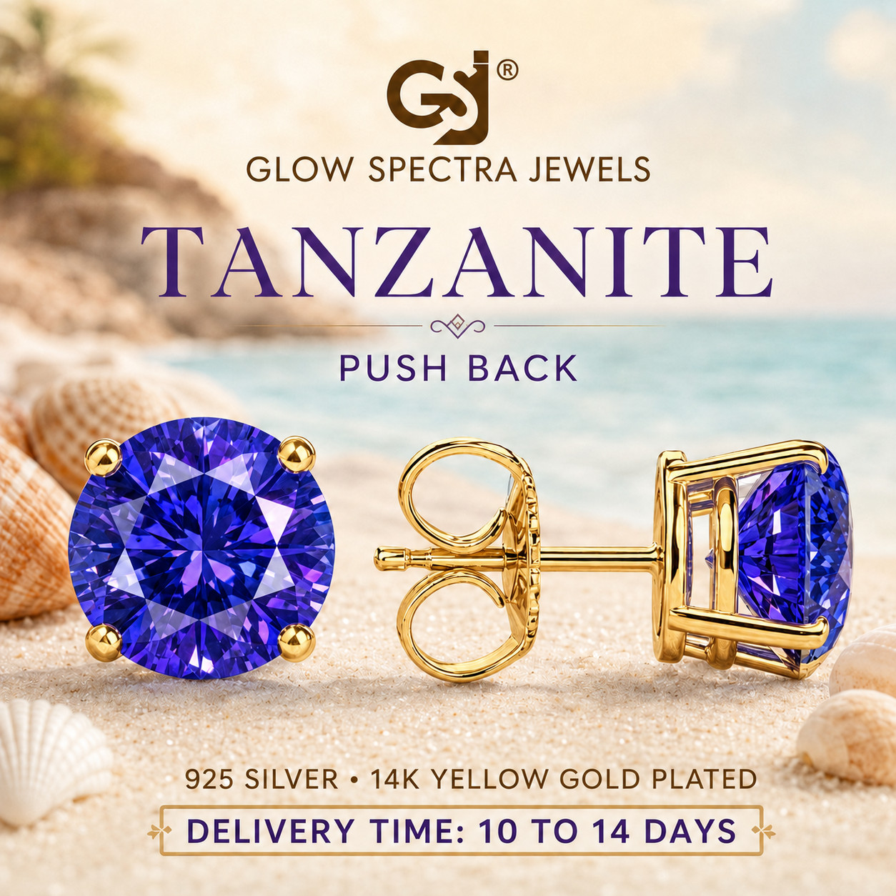 2.00CT Solitaire Tanzanite Stud Erring 925 Silver 14k Yellow Gold Plated