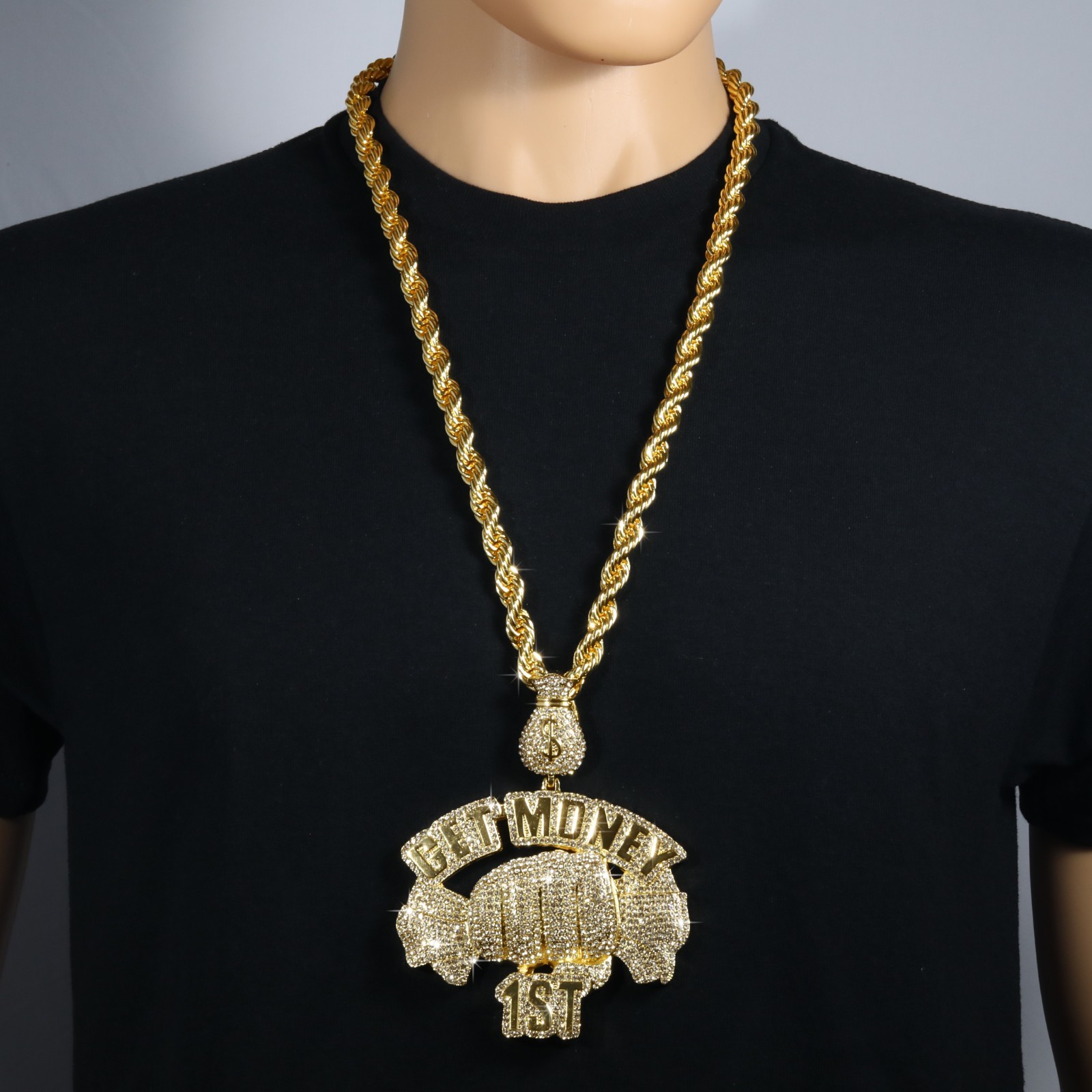 14K Rope Chain 10mm 24″ & 30″ | Get Bag Money Sign Gold Plated Men XXL Hip Hop