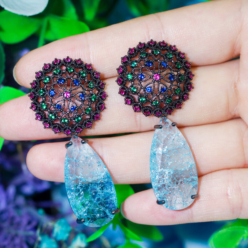 Ethnic Black Gold Plated Long Big Blue Water Drop Zircon Crystal Dangle Earrings