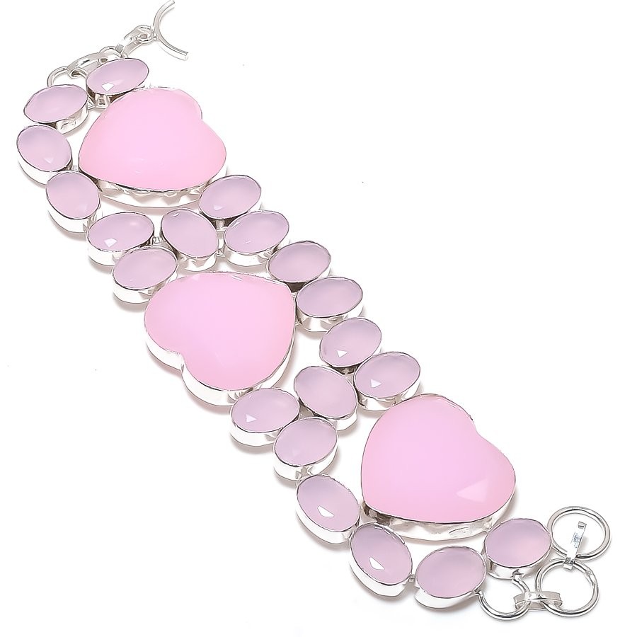 Pink Chalcedony Gemstone 925 Sterling Silver Bracelet 7-8″ X-Mas Gift l497